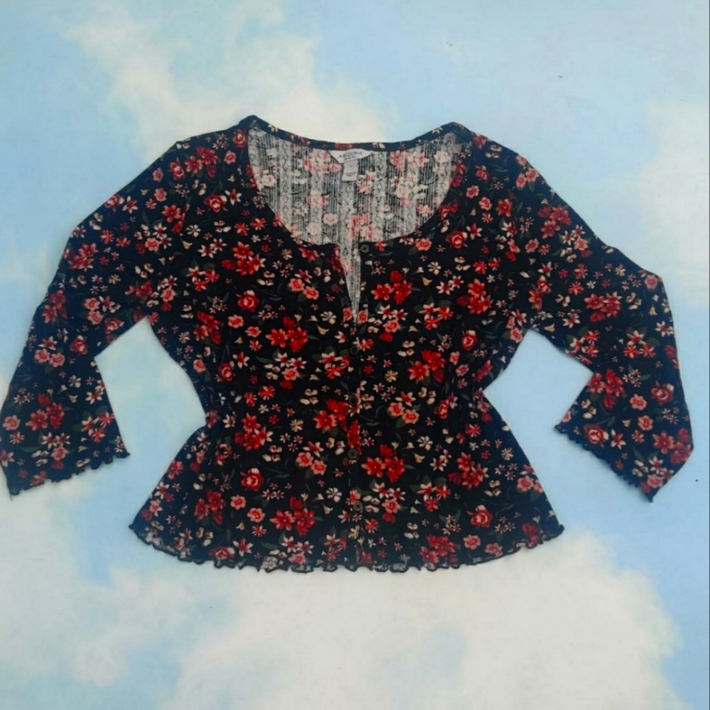 Floral Knit Cardigan Top Button Up 3/4 Sleeve Stylish Floral Print Red Roses Top
